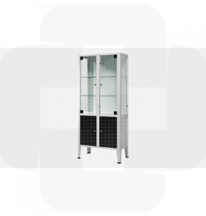 Armário instrumentos c/ cacifo c/2 portas em vidro, estrutura + 2 portas em aço c/acabamento epoxy e pés inox 380x750x1690mm