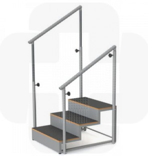 Escada 3 degraus, estrutura aço, acabamento epoxy, degraus MDF revestidos tela antiderrapante 600x725x500mm